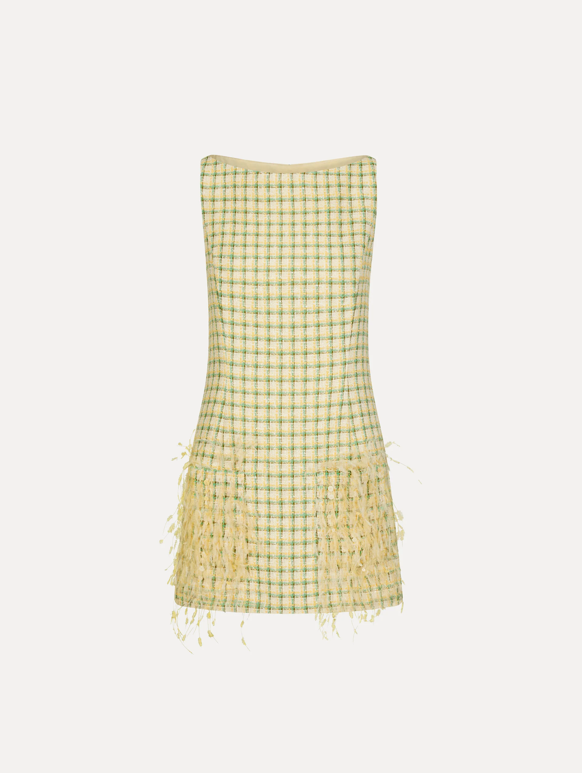 Point d’Esprit Feather Embroidered Checked Tweed Dress